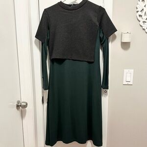 Ermanna Asymmetrical Sweater Overlay Long Sleeve Midi Dress Sz M Gray & Green